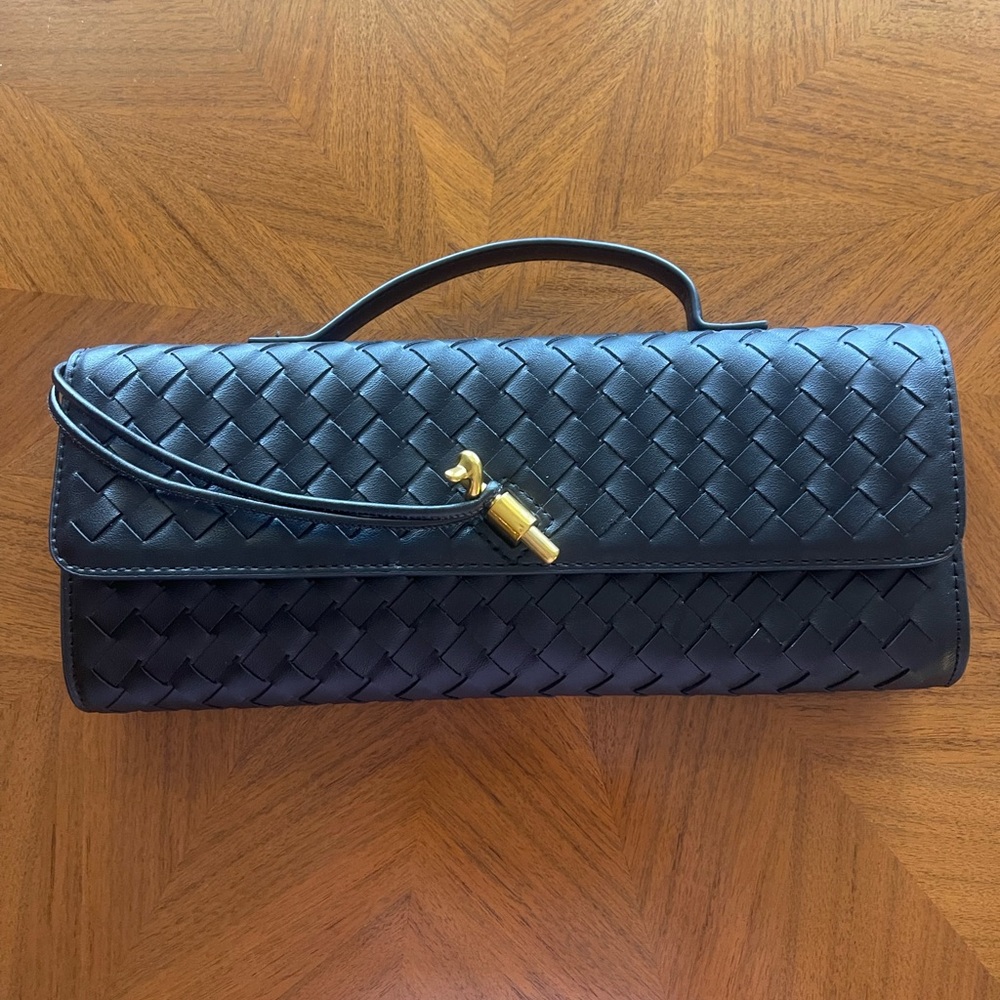 Black Woven Leather Top-Handle Clutch with Gold Accent